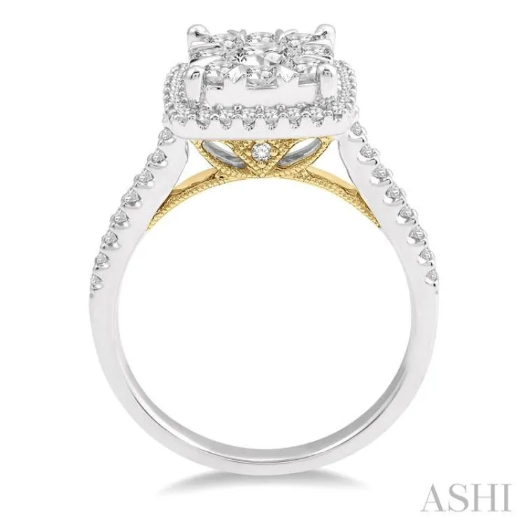 1 Ctw Round Diamond Lovebright Halo Engagement Ring in 14K White and Yellow Gold