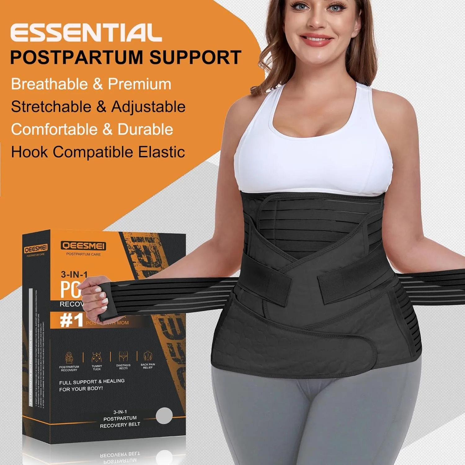 3 in 1 Postpartum Belly Support Recovery Wrap - Postpartum Belly Band - Postpartum Essentials Post Partum Waist Binder, Post Surgery Abdominal Binder Shapewear (Black, L)