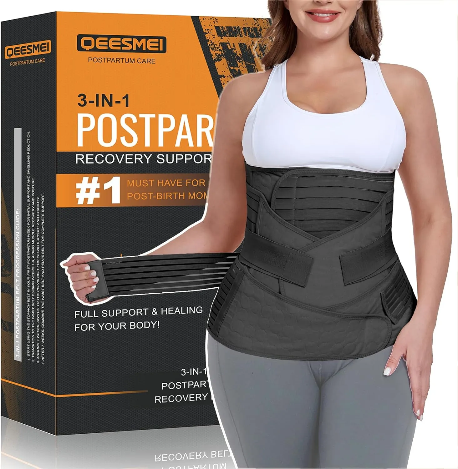 3 in 1 Postpartum Belly Support Recovery Wrap - Postpartum Belly Band - Postpartum Essentials Post Partum Waist Binder, Post Surgery Abdominal Binder Shapewear (Black, L)