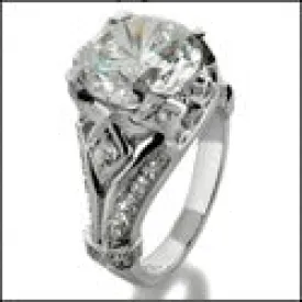 4 Carat Round Brilliant Cubic Zirconia Center Antique Style 14K White Gold Cz Ring