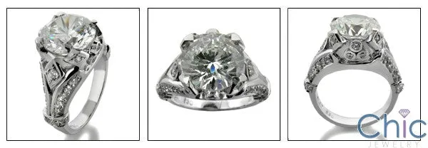 4 Carat Round Brilliant Cubic Zirconia Center Antique Style 14K White Gold Cz Ring