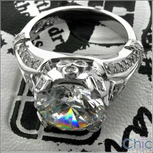 4 Carat Round Brilliant Cubic Zirconia Center Antique Style 14K White Gold Cz Ring