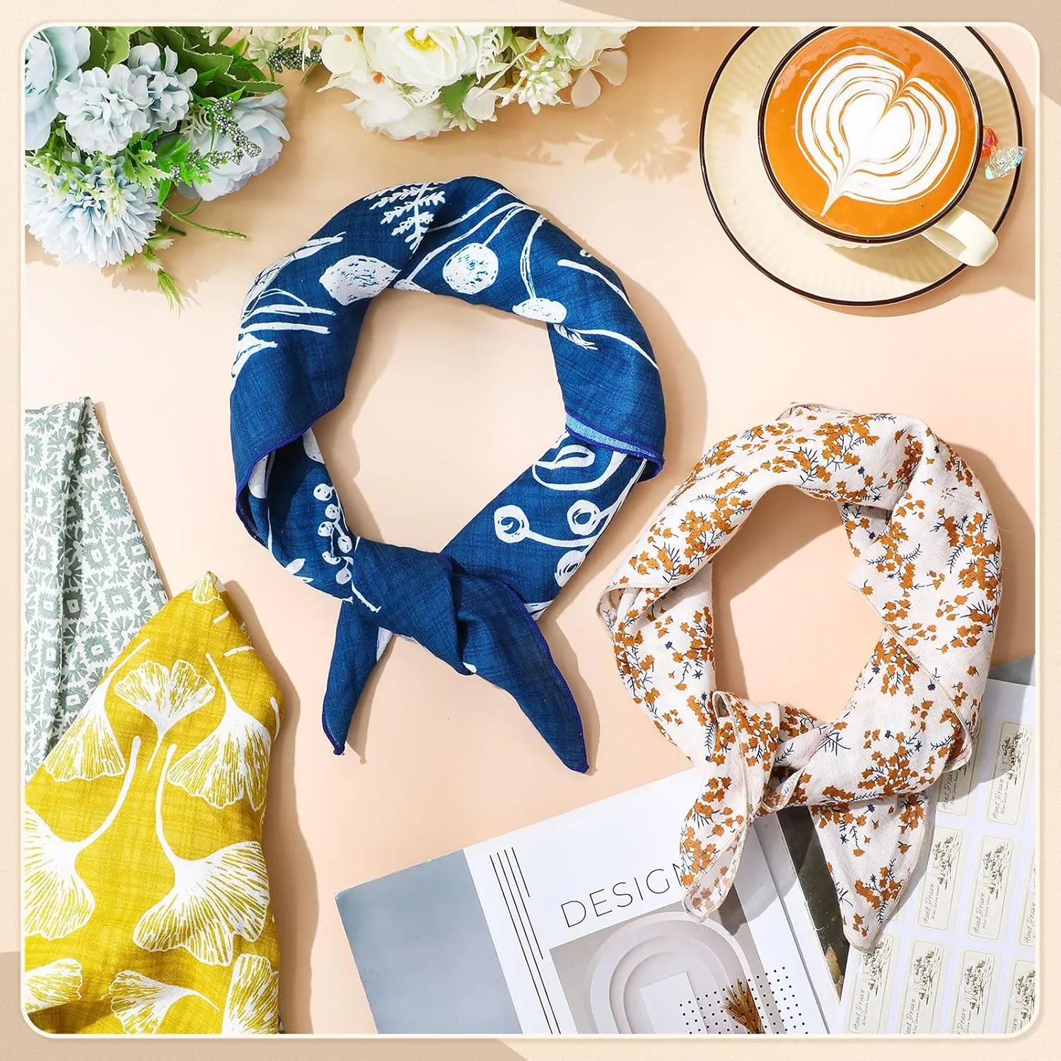 4 Pack 21''x21'' Floral Headband for Women Summer Retro Bandanas Cute Head Wrap Protective Coverage for Women