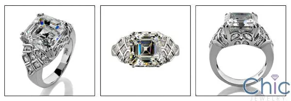 6 Carat Asscher Cubic Zirconia Center Pave Sides Estate Ring 14k White Gold