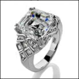 6 Carat Asscher Cubic Zirconia Center Pave Sides Estate Ring 14k White Gold