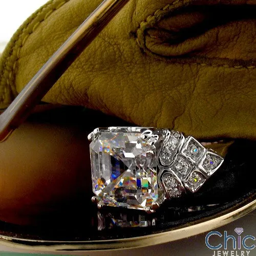 6 Carat Asscher Cubic Zirconia Center Pave Sides Estate Ring 14k White Gold