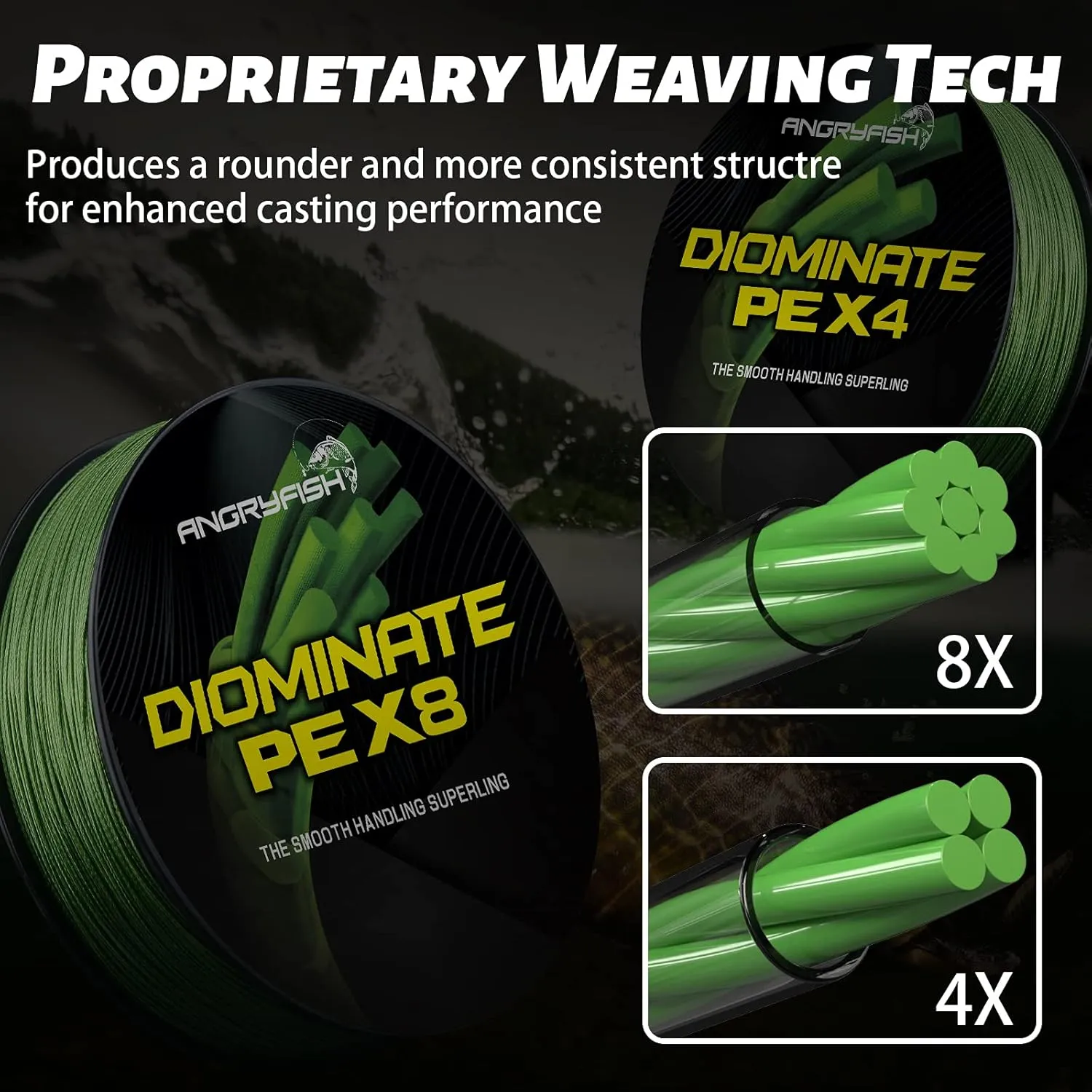ANGRYFISH Diominate PE 4 & 8 Strands Braided Fishing LineAbrasion Resistant SuperlineZero StretchExcellent Tensile SmoothHigh Value(5LB-200LB)