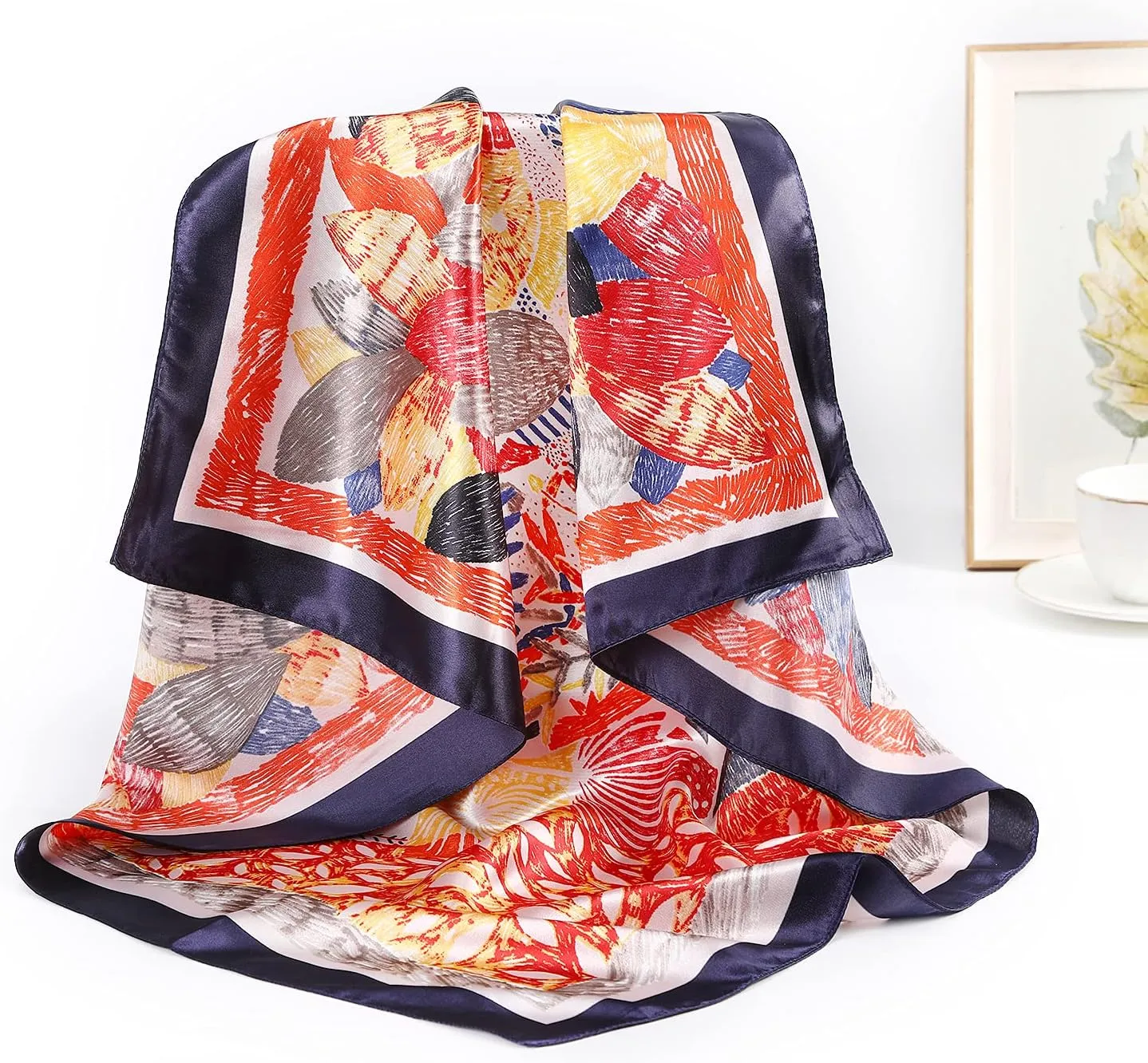 AWAYTR 35 Large Satin Square Head Scarf - 2Pcs Silk Like Floral Head Scarves Square Satin Hair Scarf Bandanas for Women