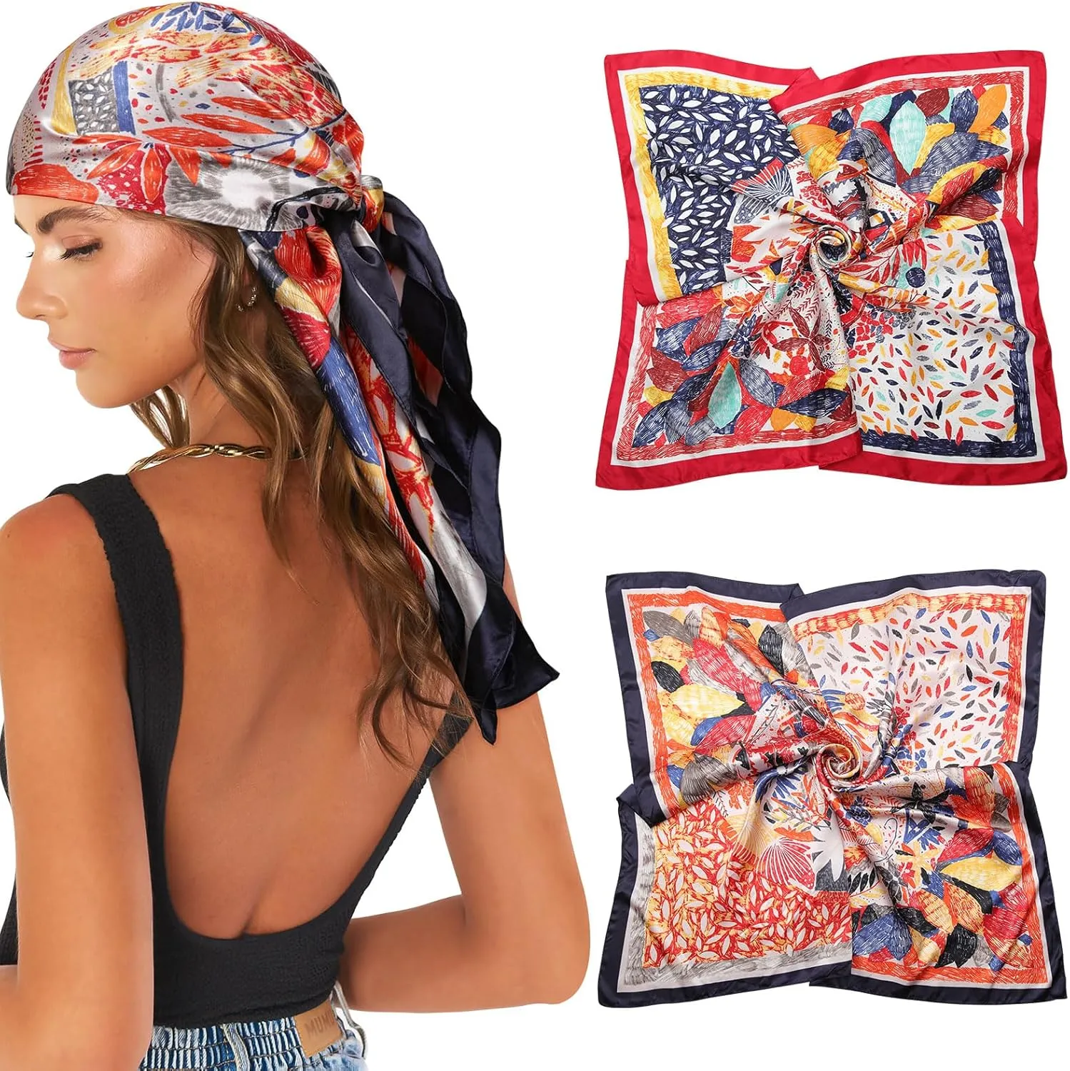 AWAYTR 35 Large Satin Square Head Scarf - 2Pcs Silk Like Floral Head Scarves Square Satin Hair Scarf Bandanas for Women