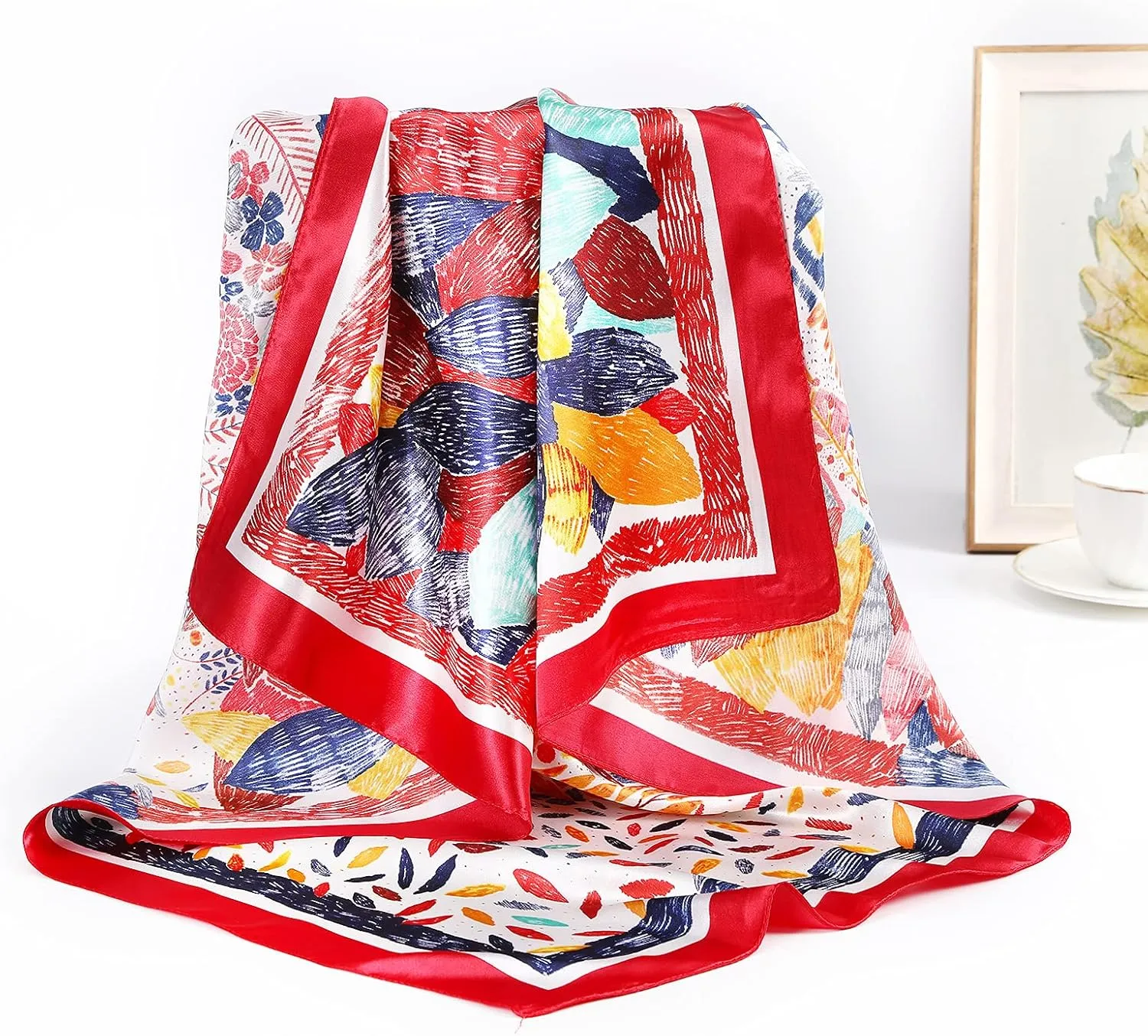 AWAYTR 35 Large Satin Square Head Scarf - 2Pcs Silk Like Floral Head Scarves Square Satin Hair Scarf Bandanas for Women