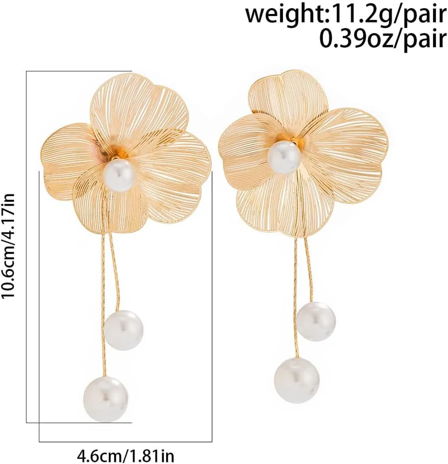 Boho Pearl Flower Dangle Earrings for Women,Sweet Geometric Hollow Filigree Petal Long Round Pearl Tassel Drop Earrings,Trendy Wedding Jewelry Gifts