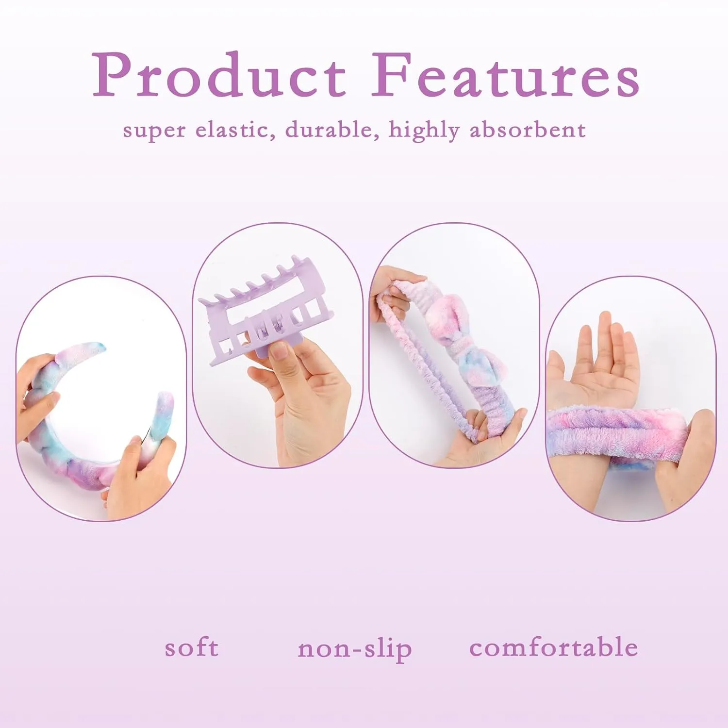 Canitor Spa Headbands Wrist Band Set with Hair Clip Skincare Headbands for Washing Face Non Slip Puffy Makeup Headband Wrist Towel Preppy Cute Teen Girl Birthday Gifts Trendy Stuff