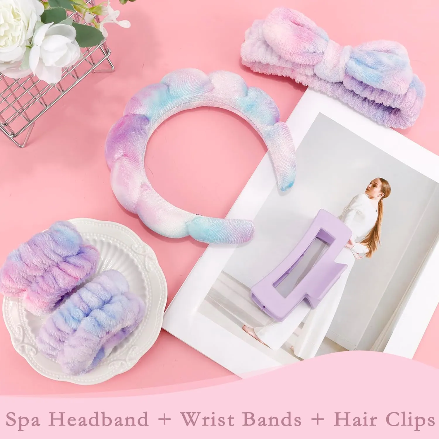 Canitor Spa Headbands Wrist Band Set with Hair Clip Skincare Headbands for Washing Face Non Slip Puffy Makeup Headband Wrist Towel Preppy Cute Teen Girl Birthday Gifts Trendy Stuff