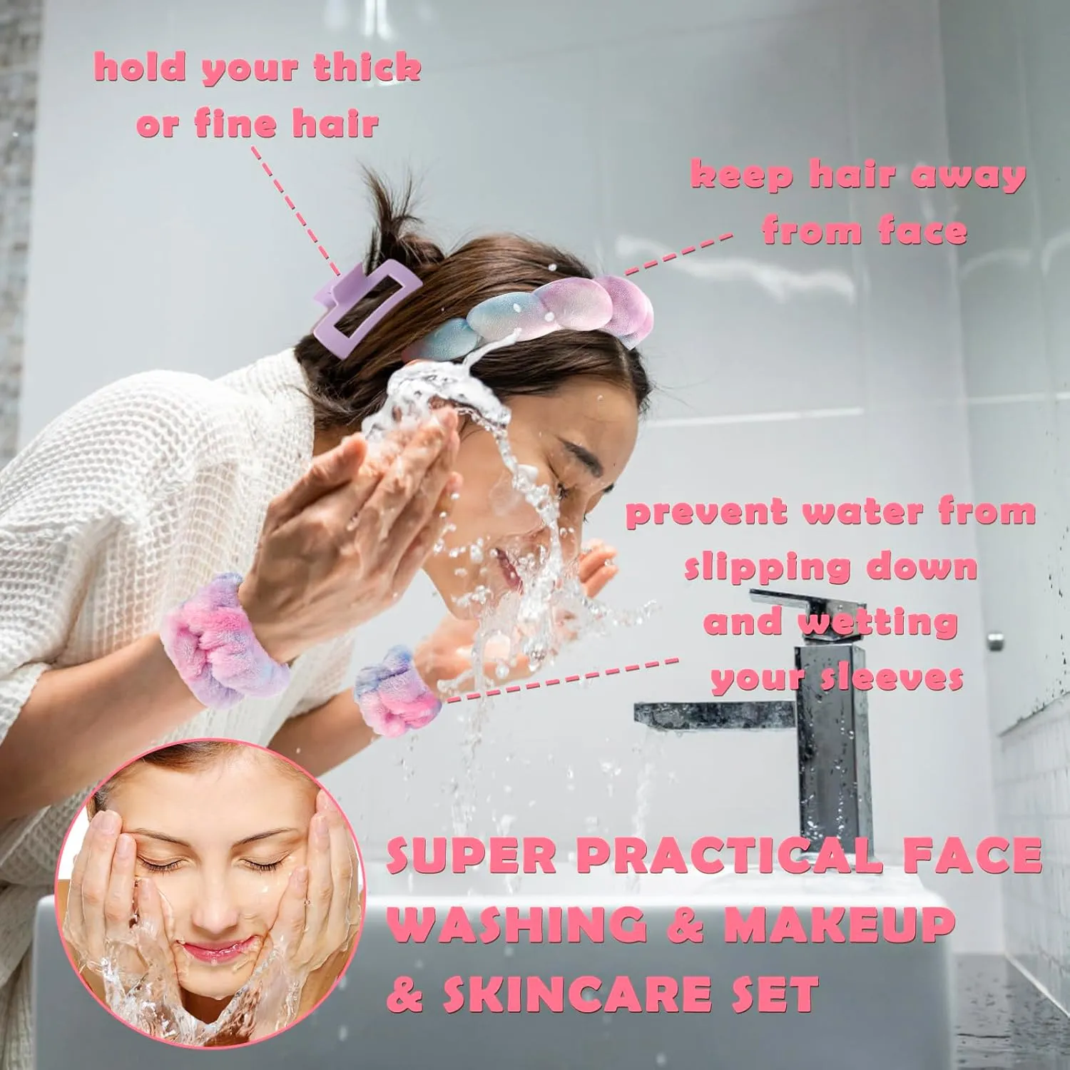 Canitor Spa Headbands Wrist Band Set with Hair Clip Skincare Headbands for Washing Face Non Slip Puffy Makeup Headband Wrist Towel Preppy Cute Teen Girl Birthday Gifts Trendy Stuff