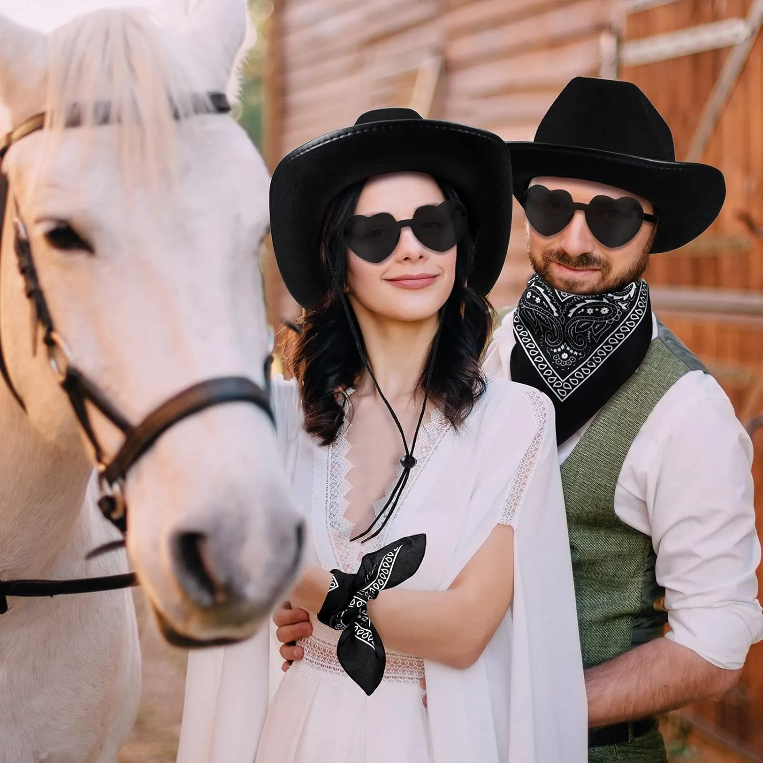 Coume 18 Pcs Cowboy Hat with Heart Sunglasses and Paisley Bandanas Western Cowgirl Hat for Wedding Cosplay Costume Adults