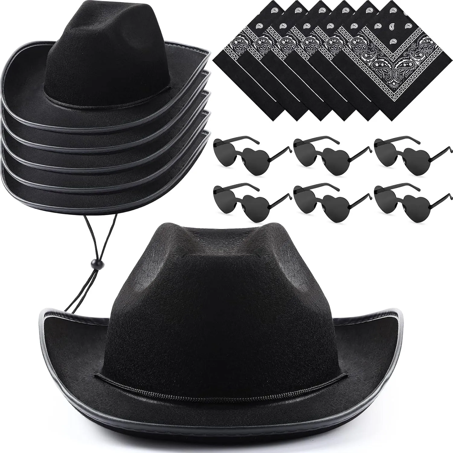 Coume 18 Pcs Cowboy Hat with Heart Sunglasses and Paisley Bandanas Western Cowgirl Hat for Wedding Cosplay Costume Adults