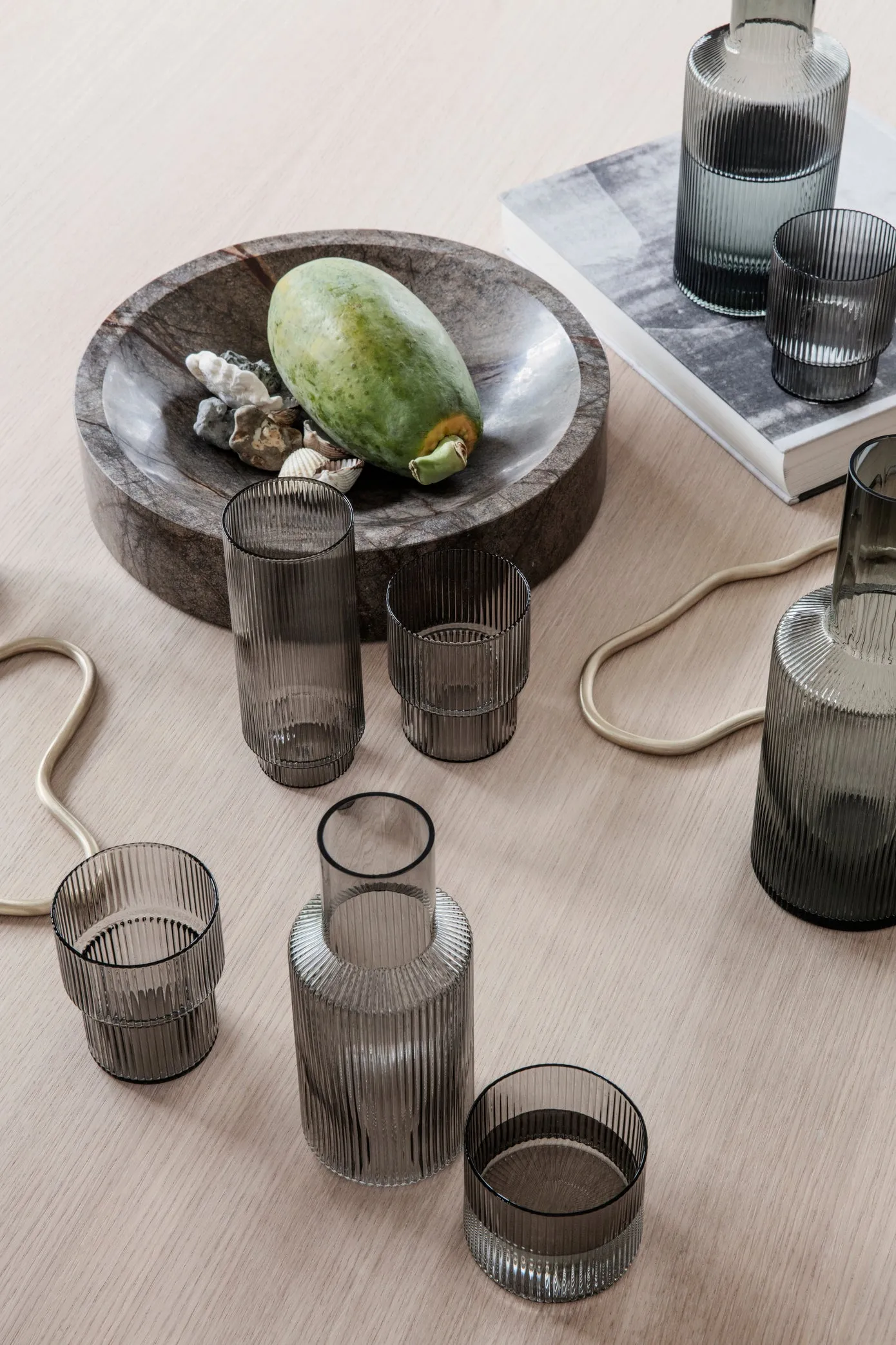 ferm Living Ripple Glasses Stepped in Smoked Grey | Set of 4 - Perfect for water