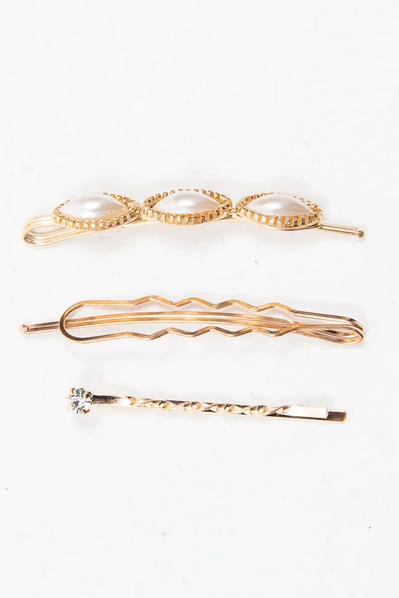 Gold Pearl Diamante Pack of 3 Barrettes - Keri
