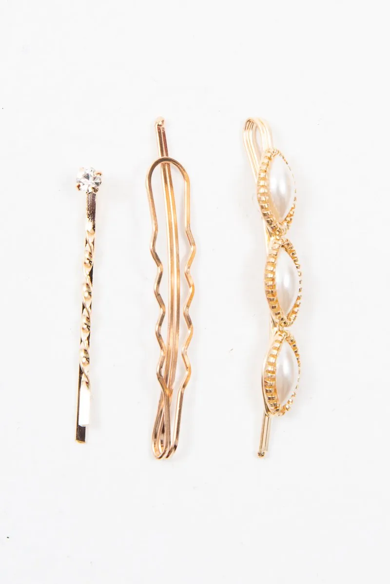 Gold Pearl Diamante Pack of 3 Barrettes - Keri