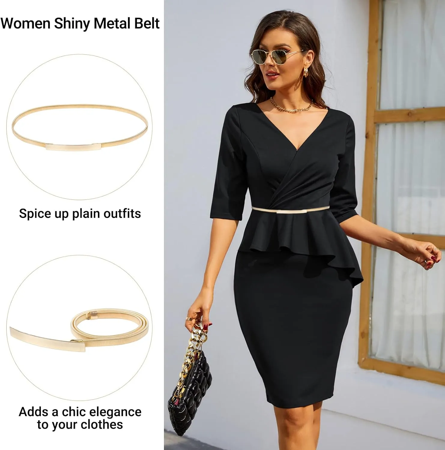 GRACE KARIN Women Skinny Metal Cinch Belt Gold Waistband Elastic Waist Belt CL633