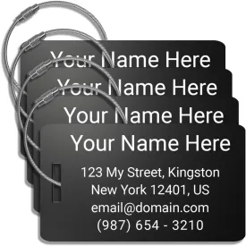Heavy Duty Personalized Luggage Tags for suitcases - Handmade Customized Laser Engraved Metal Luggage Tags with Stainless Steel Wire Loops Pack of 4 (Black, 2x3.5)