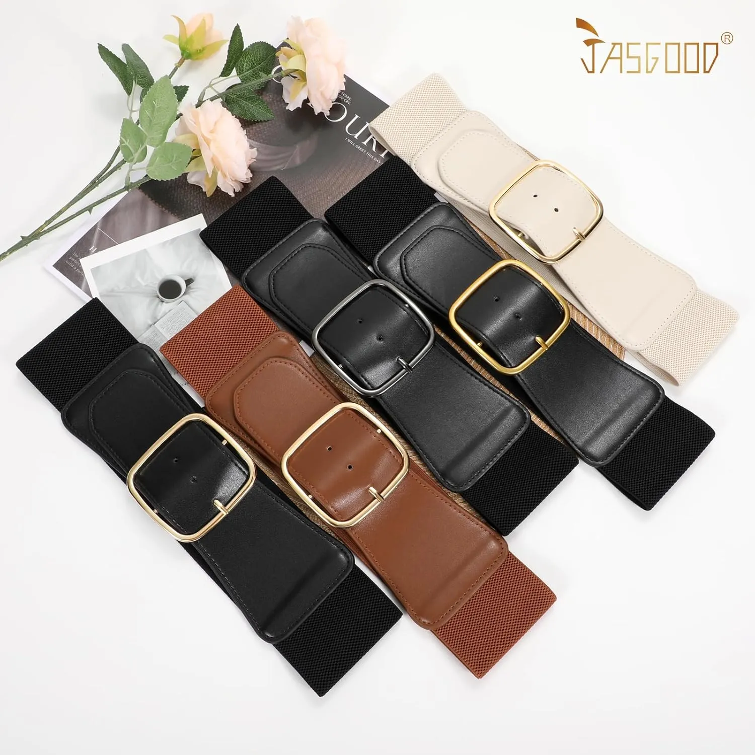 JASGOOD Women Elastic Wide Belt Ladies Stretchy Waist Belt with Square Buckle for Dress