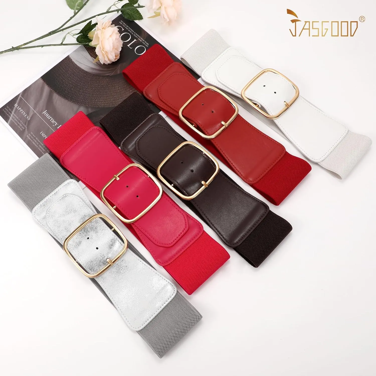 JASGOOD Women Elastic Wide Belt Ladies Stretchy Waist Belt with Square Buckle for Dress