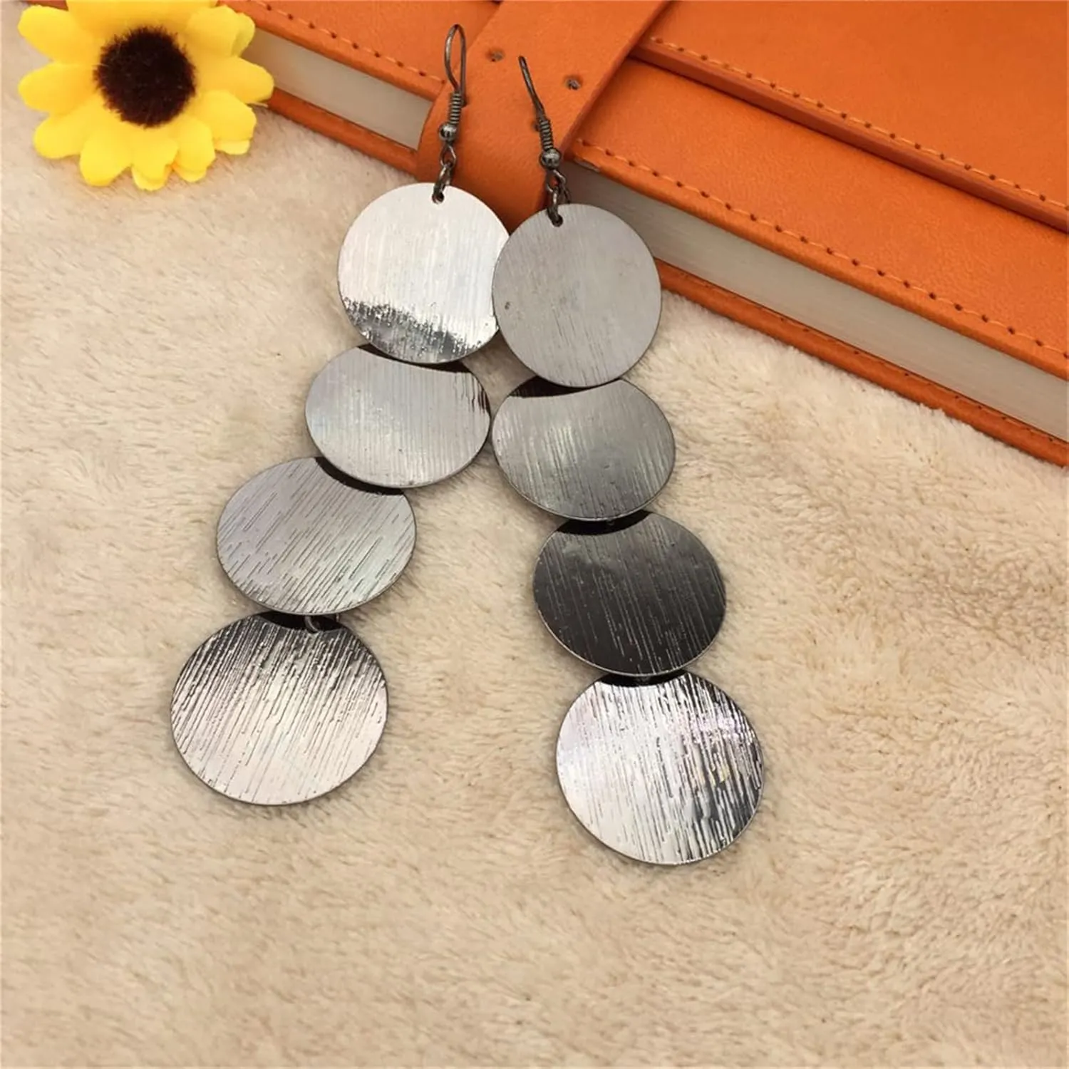 MALOYANVE Multilayer Disc Earrings for Women Fashion Long Gold Silver Plated Brushed Textured Pattern Multiple Round Circle Dangle Drop Geometric Statement Tassel Earrings Boho Jewelry
