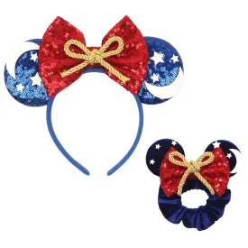 Mouse Ears Headband and Scrunchies Velvet Hair Accessories for Women Shiny Headband and Mic Ears Scrunchies for Birthday Party