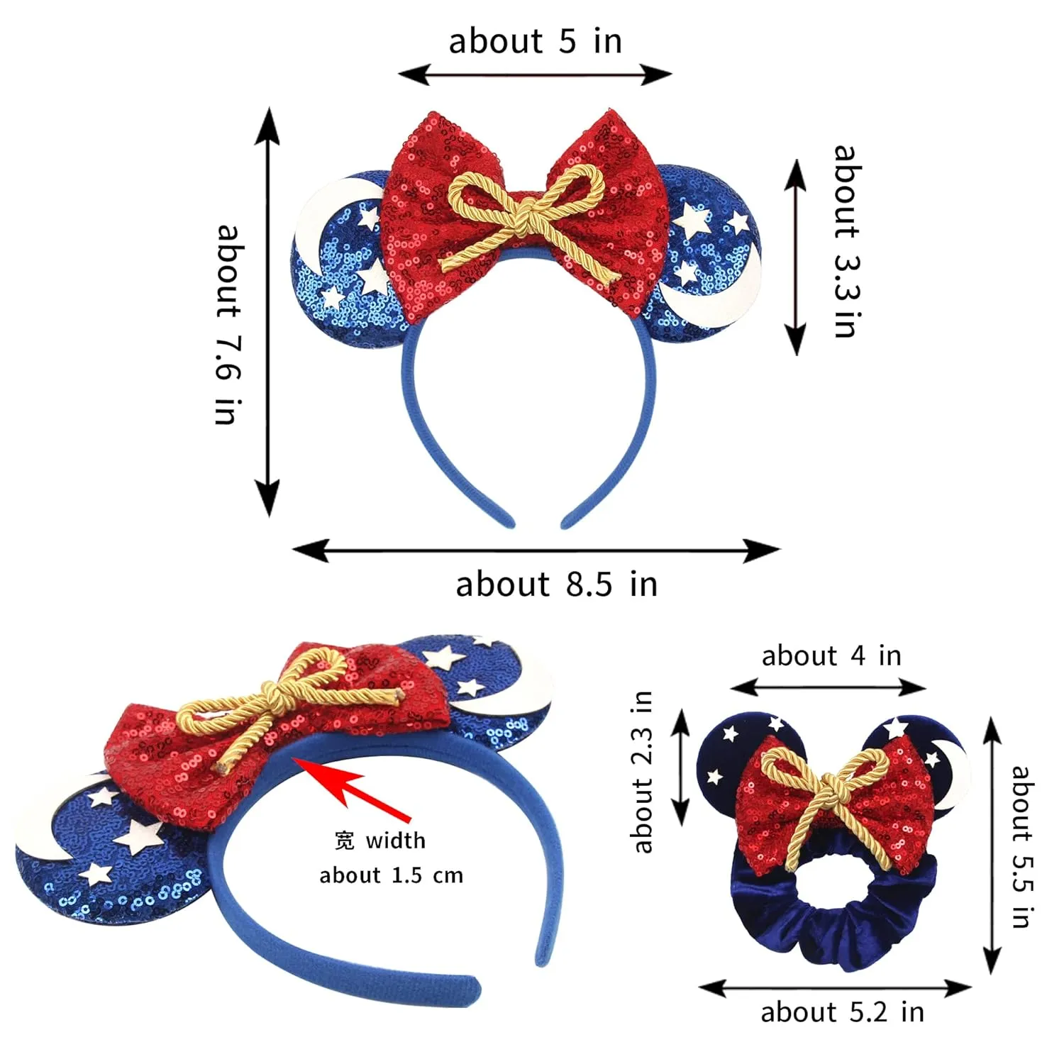 Mouse Ears Headband and Scrunchies Velvet Hair Accessories for Women Shiny Headband and Mic Ears Scrunchies for Birthday Party