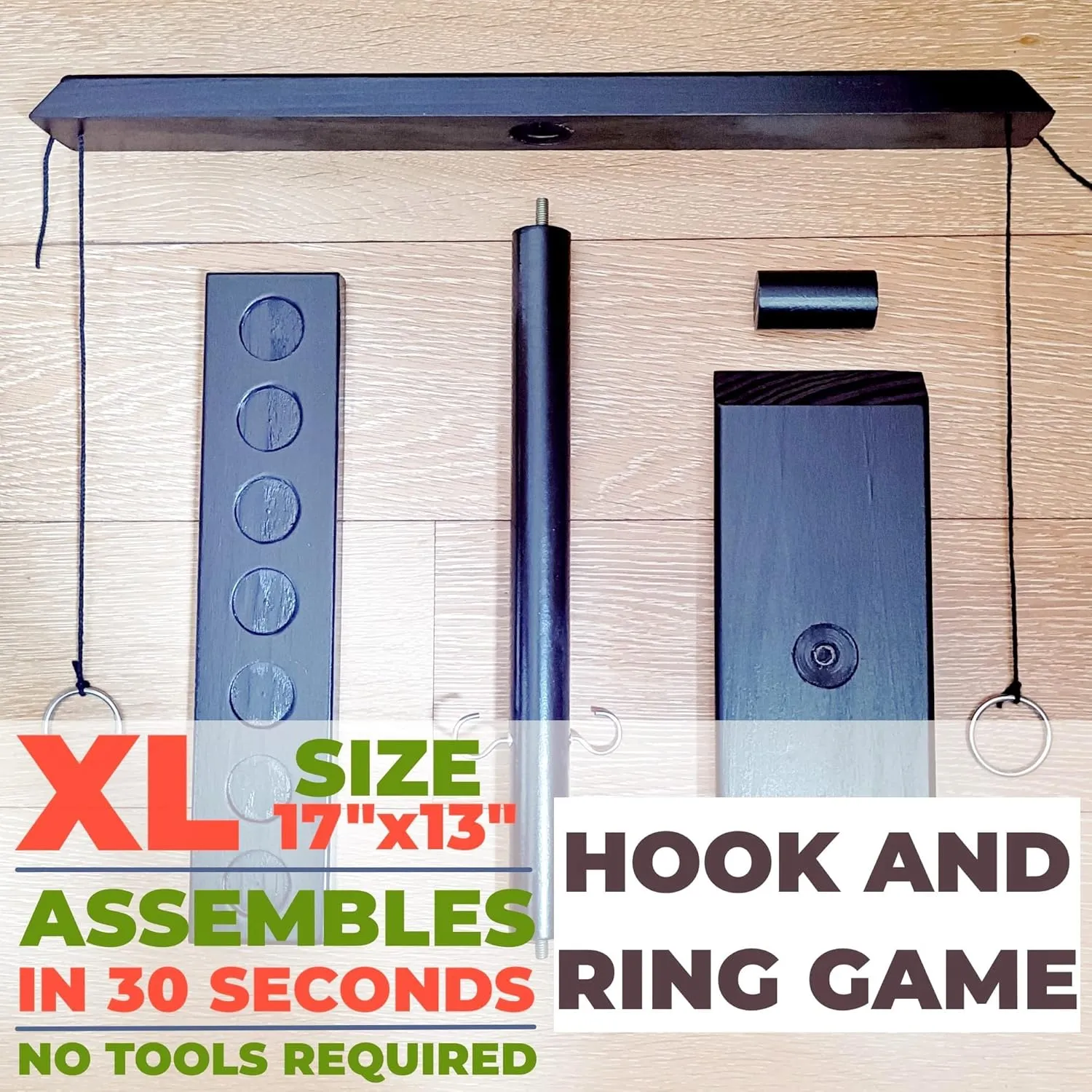 Ring Toss Game for Adults, X-Large Size 17" x 13", Wooden Hook and Ring Game, Indoor Outdoor Party Yard Games, Home, Patio Decor (Black)