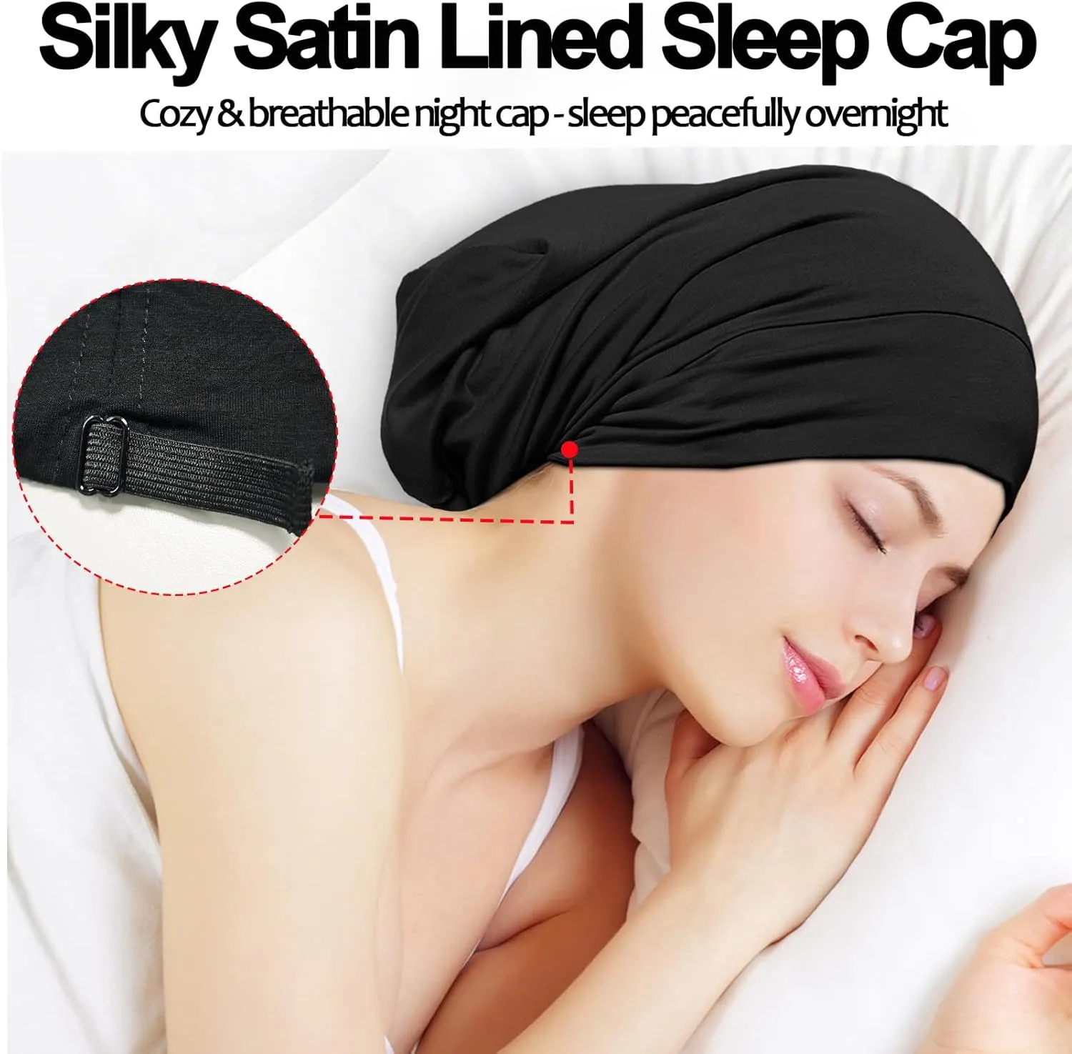 Satin Bonnet for Sleeping Night Cap, Adjustable Satin Lined Silk Bonnets Sleep Cap for Curly Hair Braids Beanie Black Women