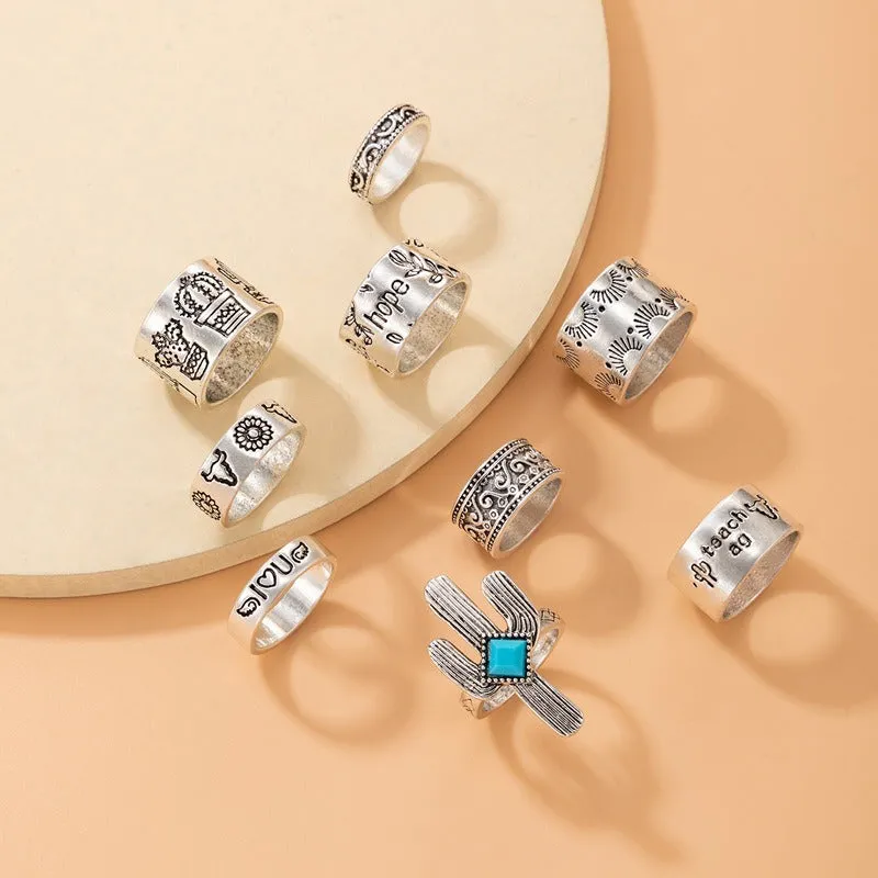 Silver Engraved Rings Set of 9