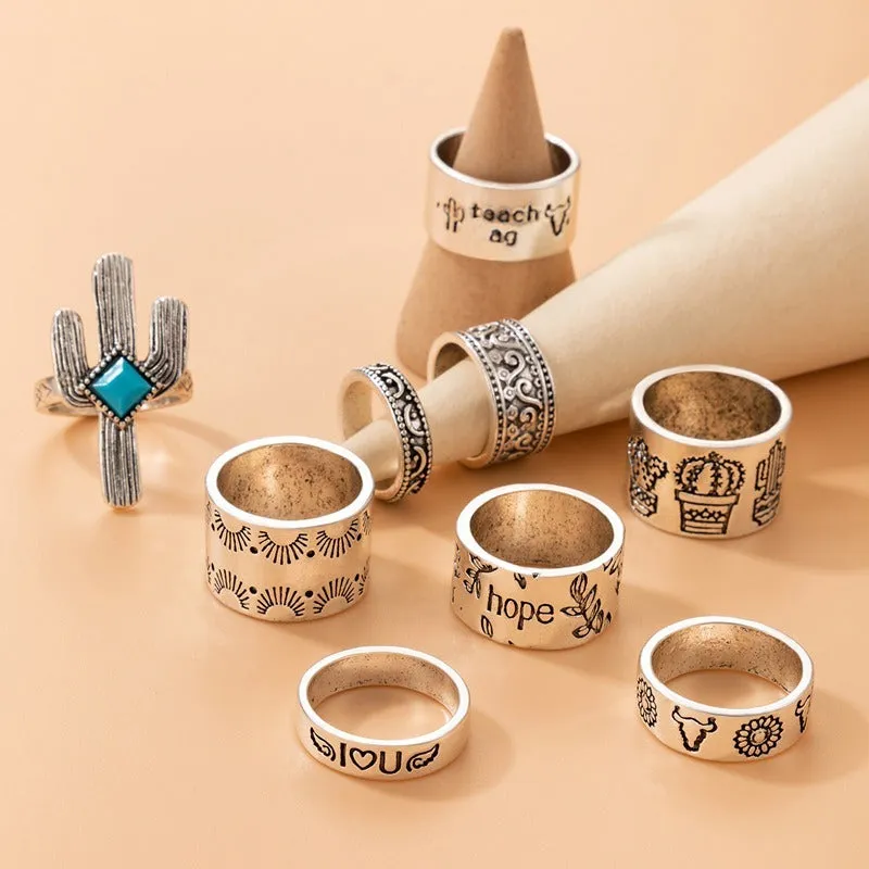 Silver Engraved Rings Set of 9
