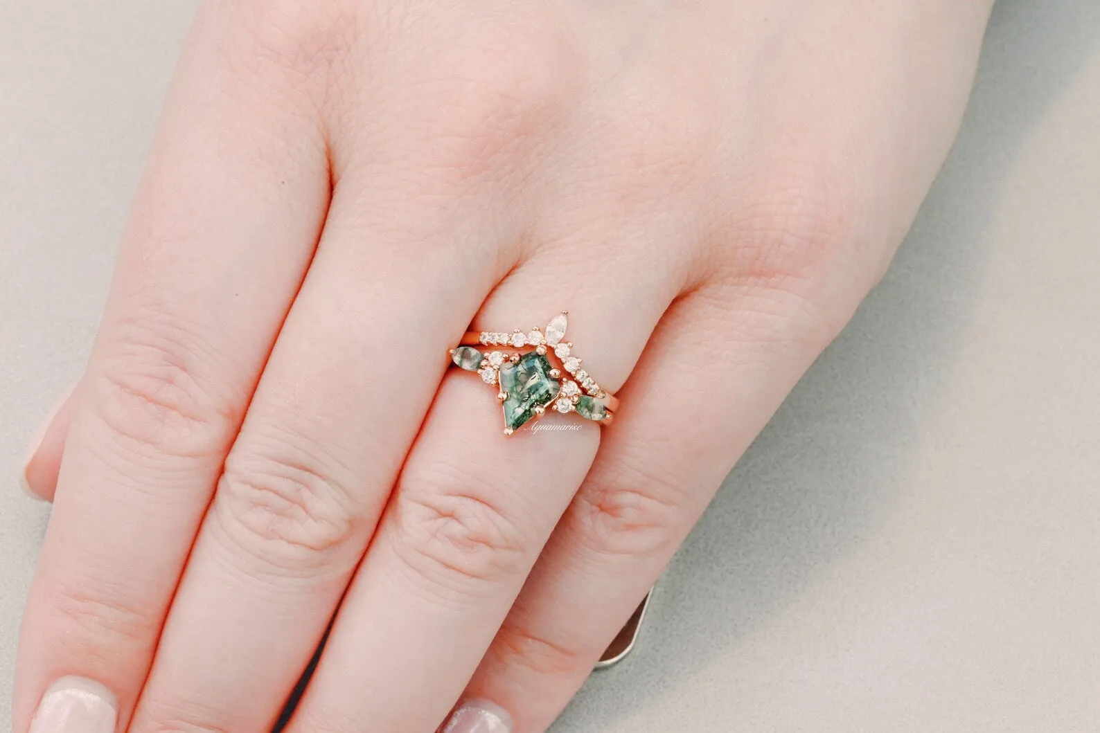 Skye Kite Green Moss Agate Ring Set- 14K Rose Gold Vermeil