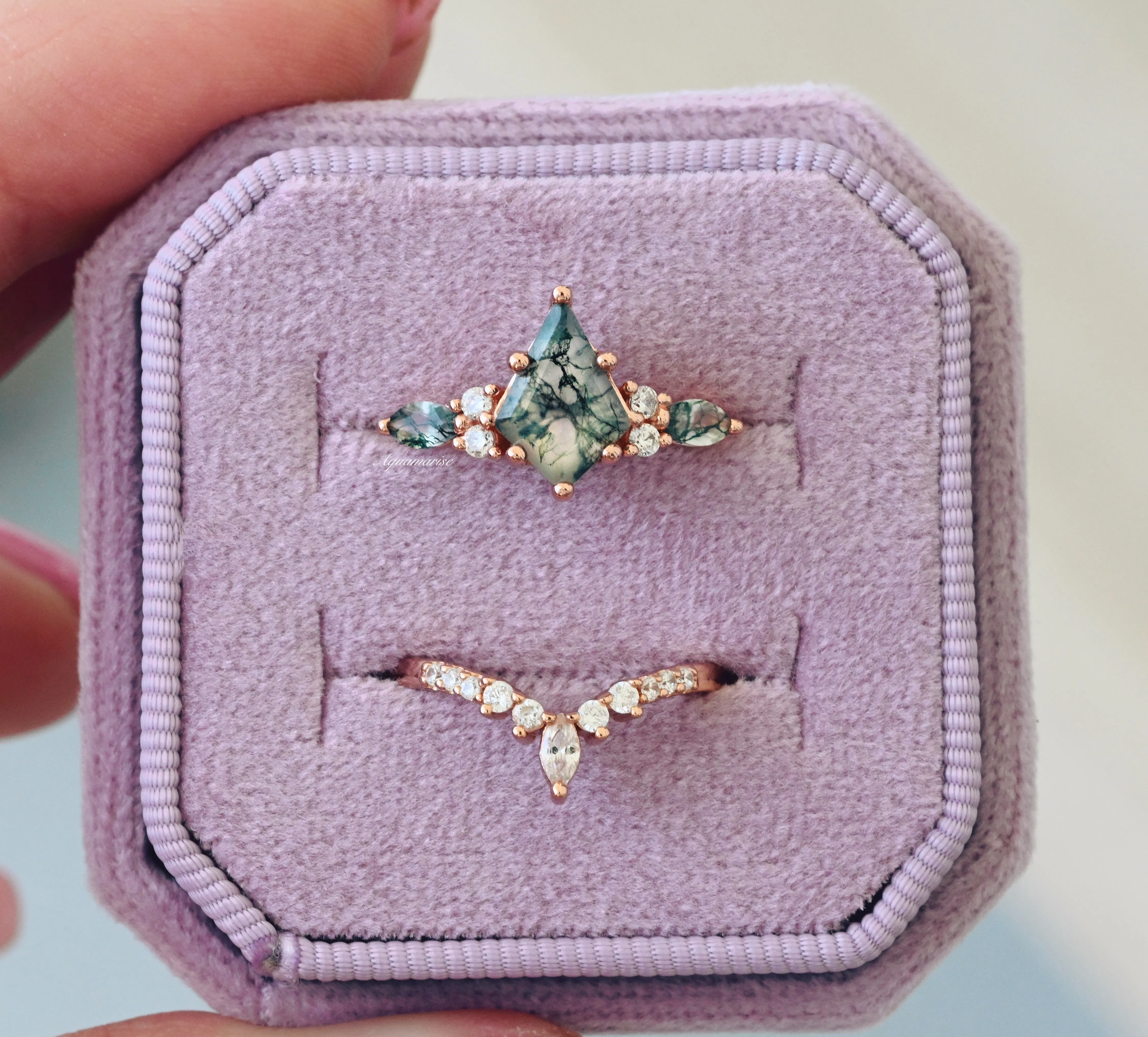 Skye Kite Green Moss Agate Ring Set- 14K Rose Gold Vermeil