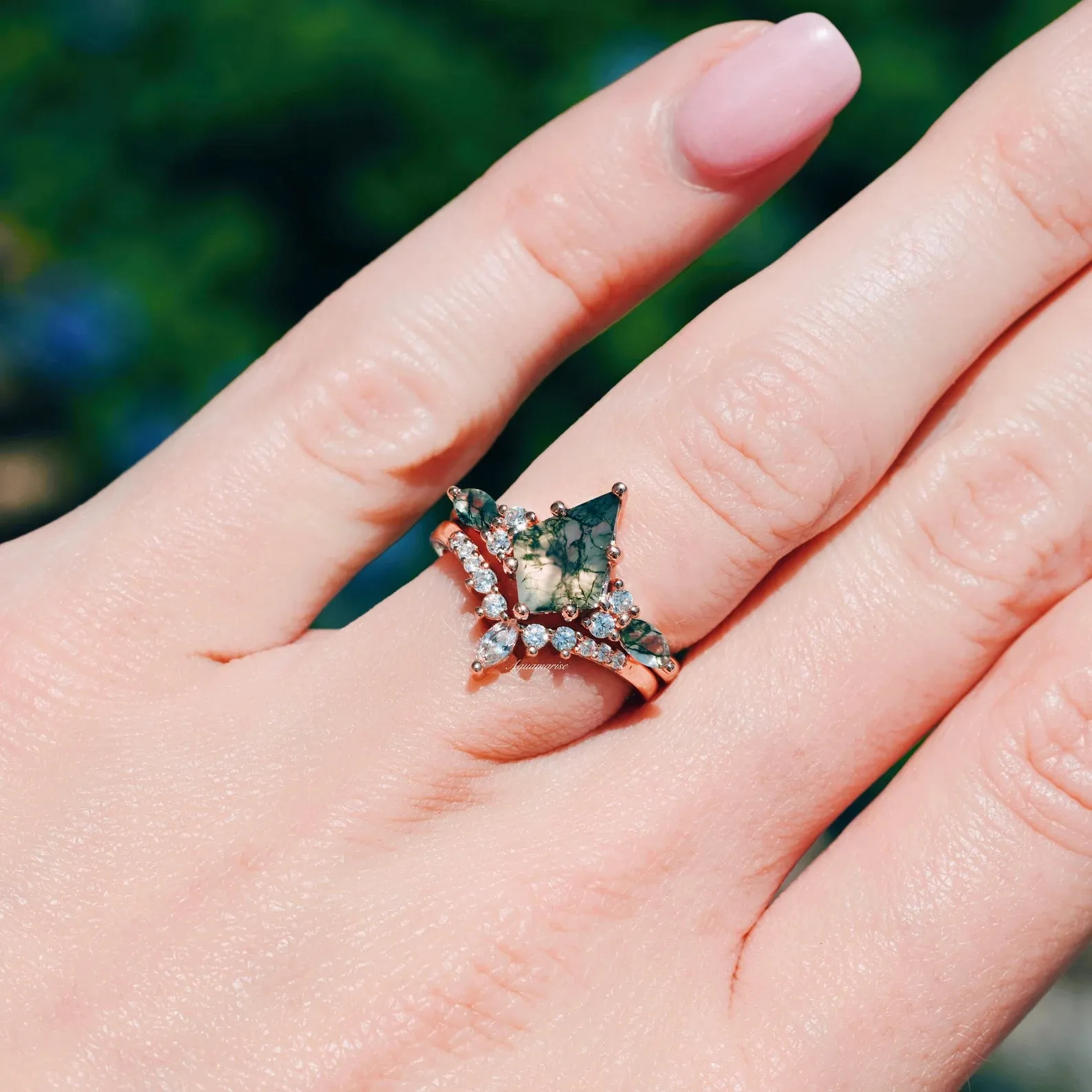 Skye Kite Green Moss Agate Ring Set- 14K Rose Gold Vermeil