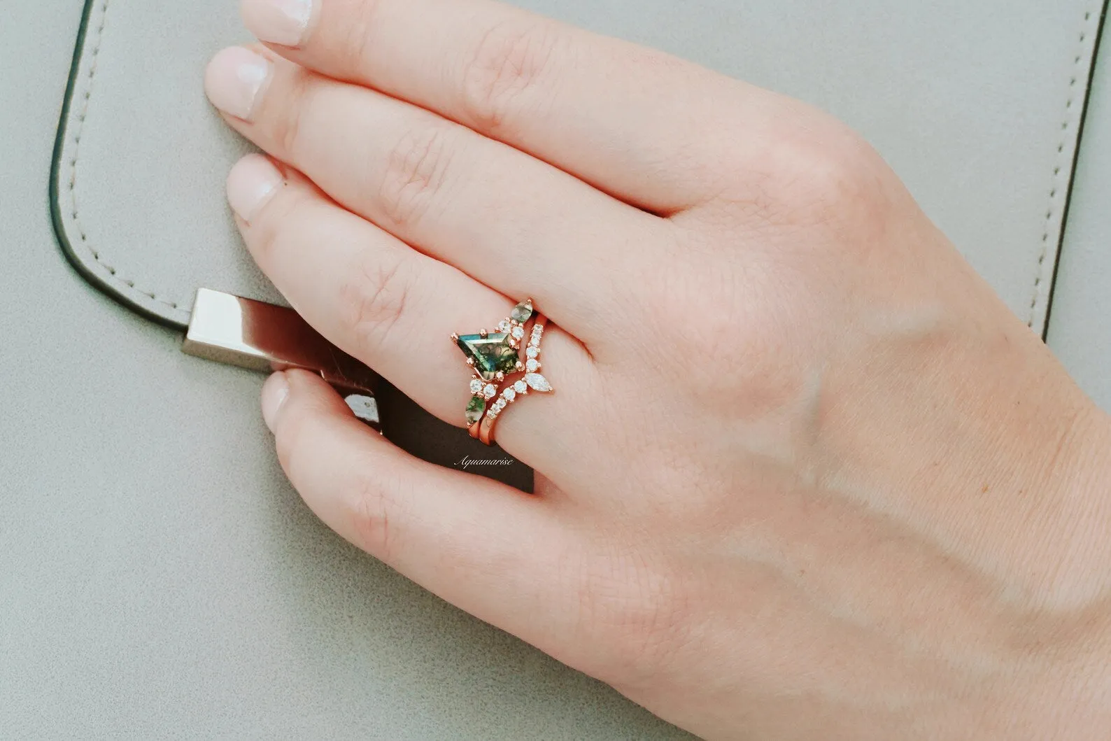 Skye Kite Green Moss Agate Ring Set- 14K Rose Gold Vermeil