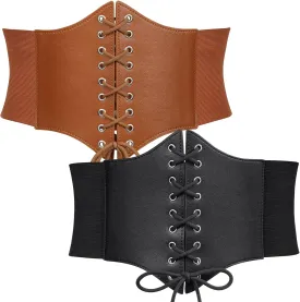 WERFORU 2 Pack Women Corset Elastic Belt Wide Vintage Lace-up Tied Costume Waspie Waist Belt Halloween