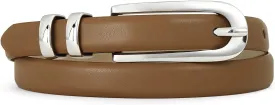 Womens Brown Belt Thin Waist Belt with Silver Buckle Minimalist Strap for Office Wear, Everyday Outfits