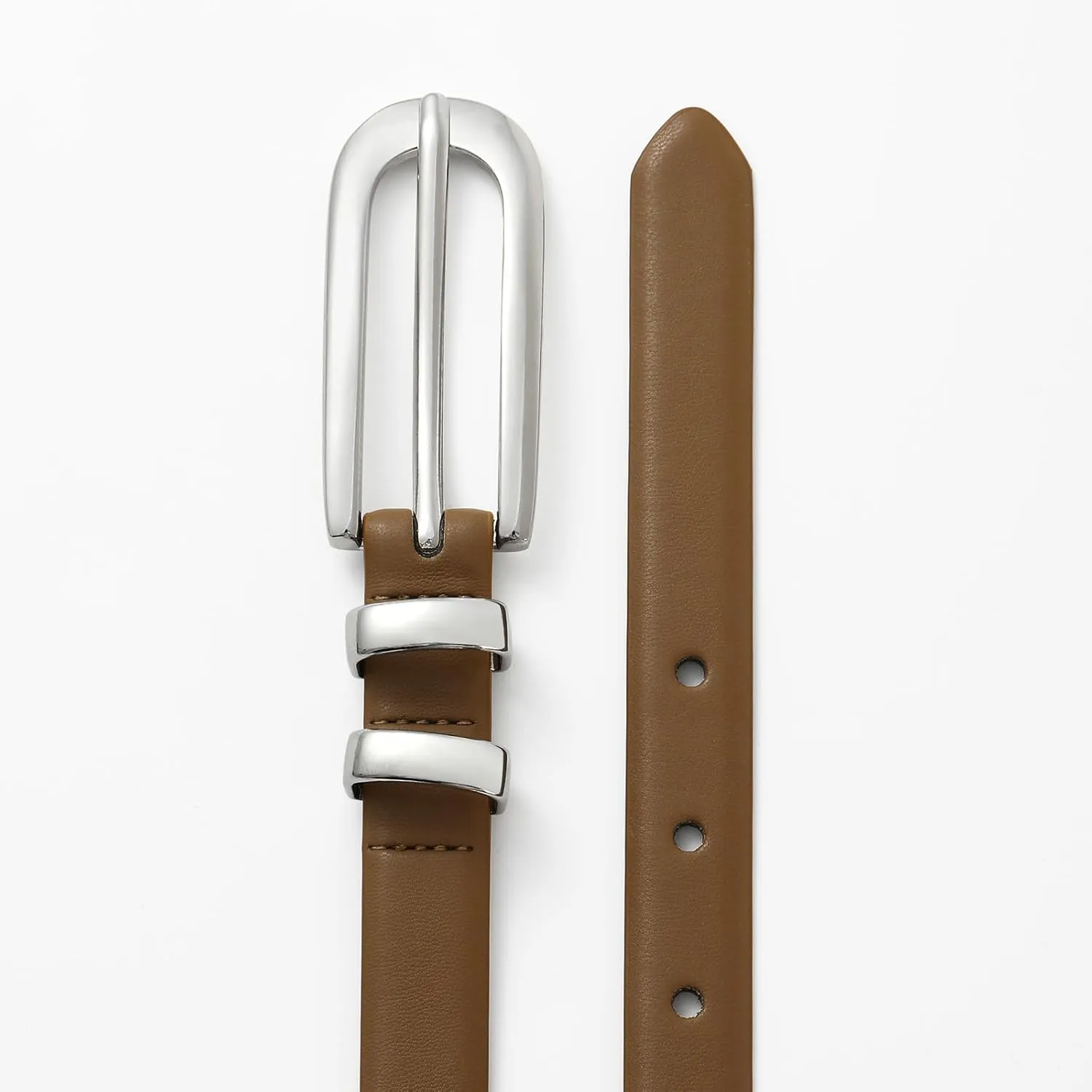 Womens Brown Belt Thin Waist Belt with Silver Buckle Minimalist Strap for Office Wear, Everyday Outfits