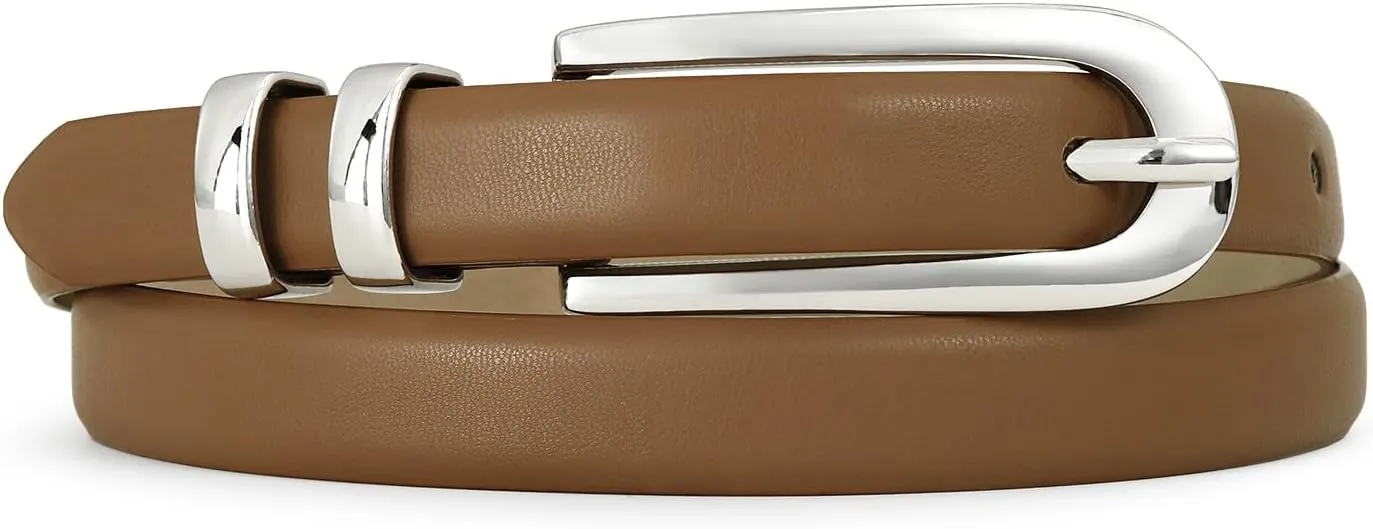 Womens Brown Belt Thin Waist Belt with Silver Buckle Minimalist Strap for Office Wear, Everyday Outfits