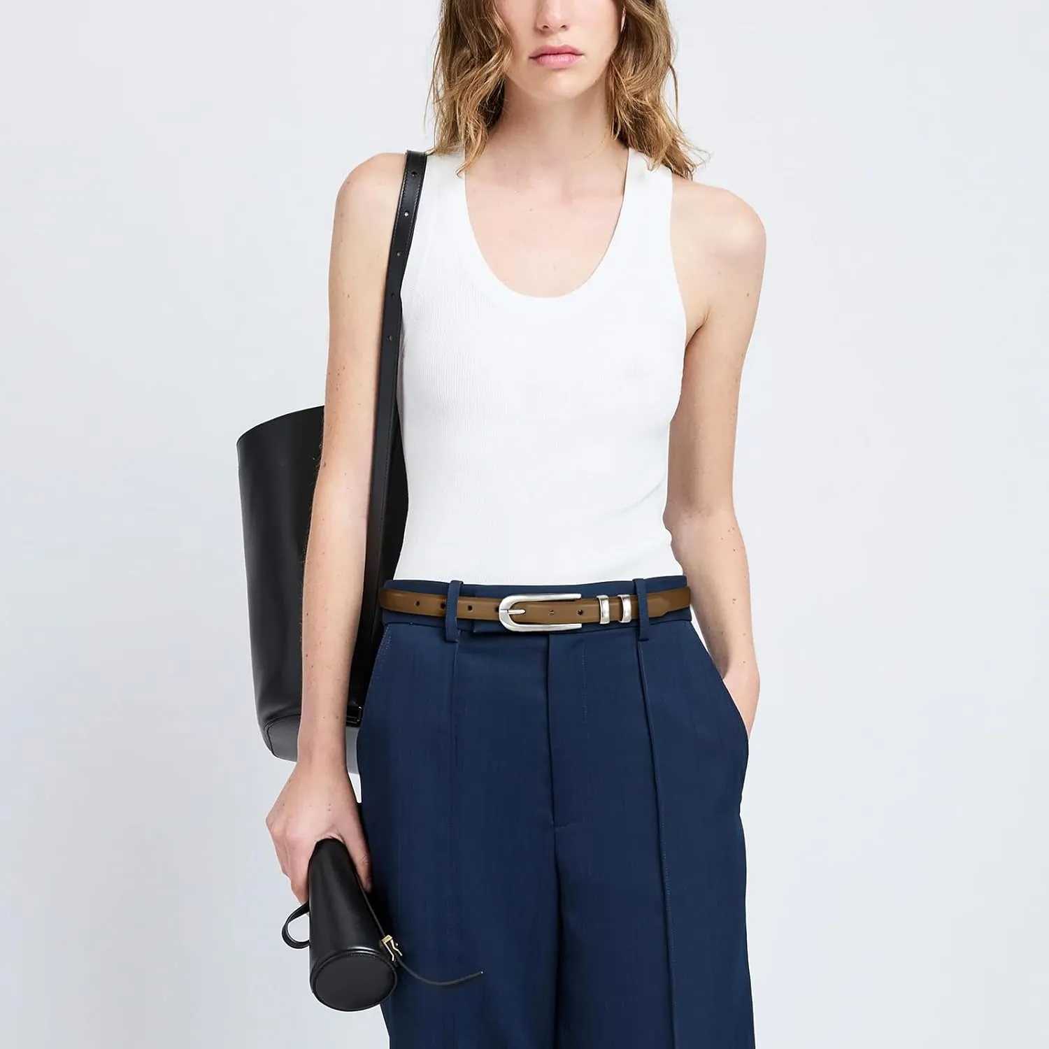 Womens Brown Belt Thin Waist Belt with Silver Buckle Minimalist Strap for Office Wear, Everyday Outfits