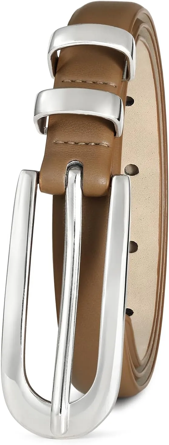 Womens Brown Belt Thin Waist Belt with Silver Buckle Minimalist Strap for Office Wear, Everyday Outfits