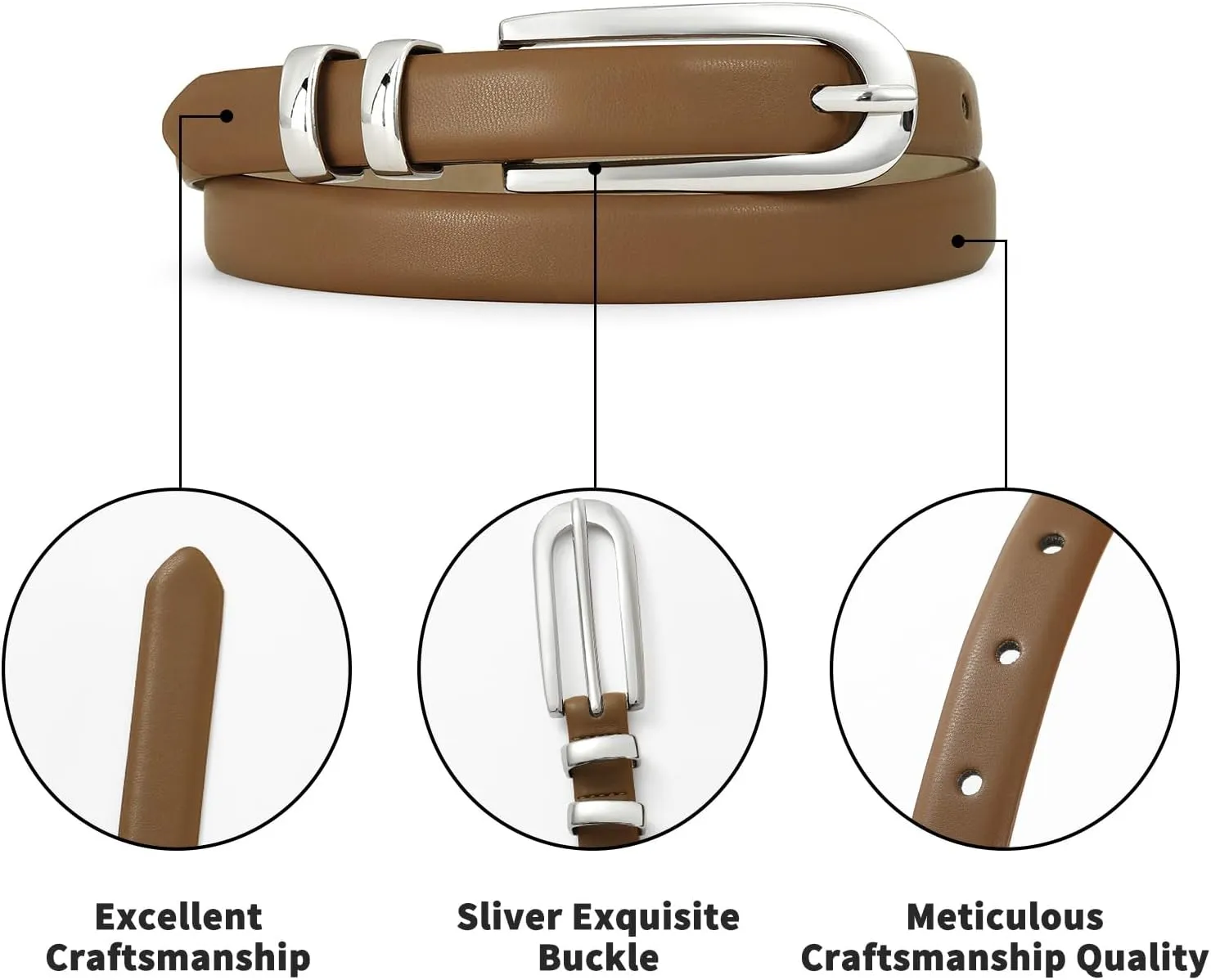 Womens Brown Belt Thin Waist Belt with Silver Buckle Minimalist Strap for Office Wear, Everyday Outfits