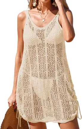 Womens Crochet Knit Beach Dresses Summer 2025 Backless V Neck Double Drawstring Bathing Suit Cover Up Mini Dress