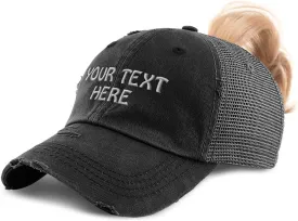 Womens Ponytail Cap Custom Personalized Text & Name Distressed Moms Trucker Hats