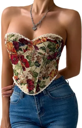 Women's Vintage Floral Strapless Corset Top Lace Trim Lace-up Sweetheart Bustier Crop Tube Tops