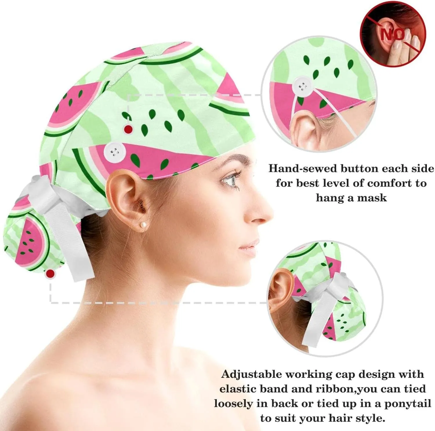 Women's Working Caps Bouffant Surgical Cap with Bow Scrunchies Pink Strawberry Pattern Ponytail Holder Tie Back Scrub Hat