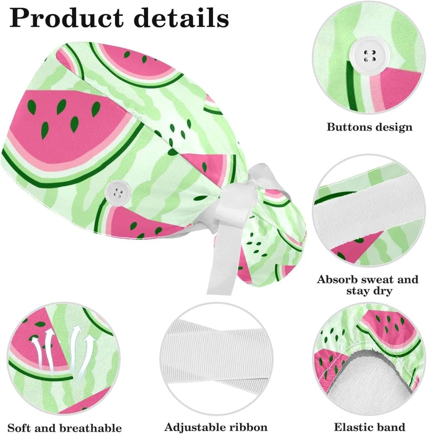 Women's Working Caps Bouffant Surgical Cap with Bow Scrunchies Pink Strawberry Pattern Ponytail Holder Tie Back Scrub Hat